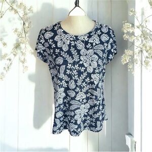 Liz Claiborne Navy Blue and White Floral Blouse